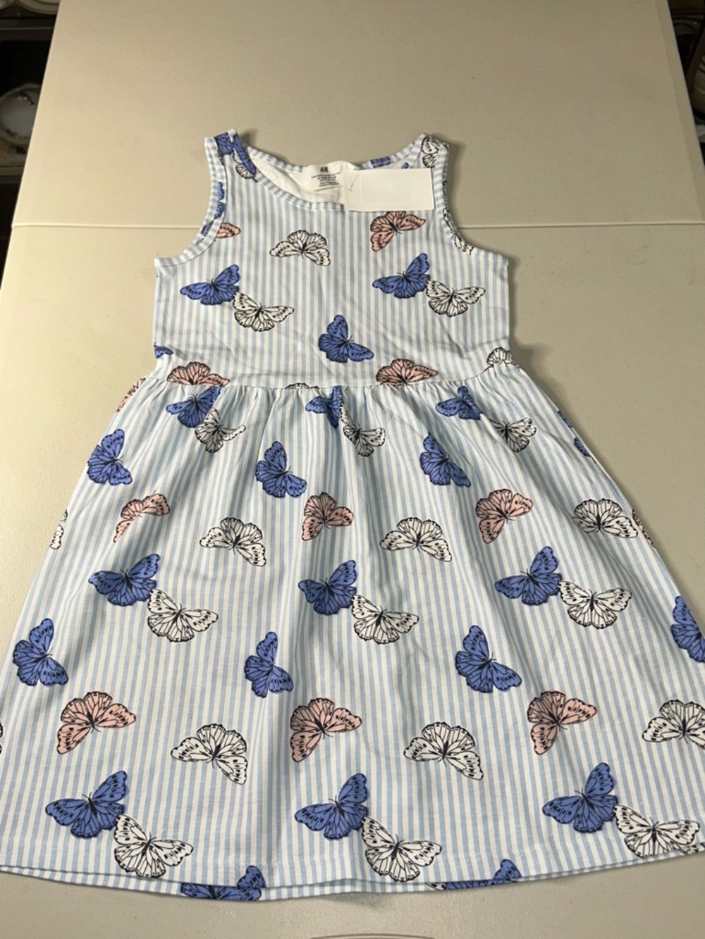H&M Light Blue Striped Dress with Blue, Pink & White Butterflies